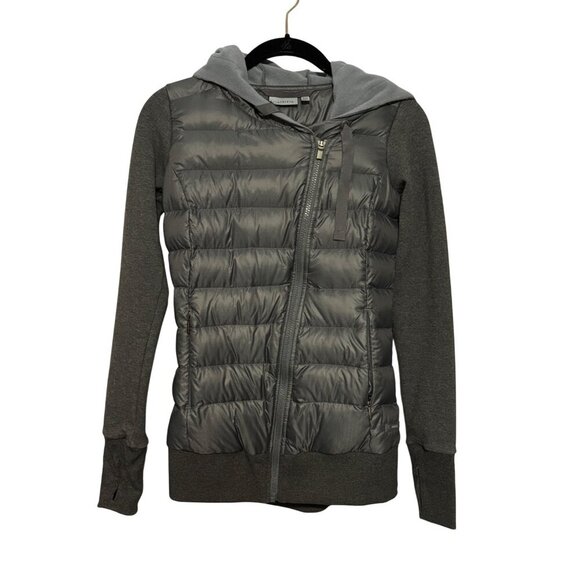 Athleta Womens XXS Gray Hooded Puffer Jacket Knit Sleeves & Asymmetrical Zipper - Picture 1 of 11